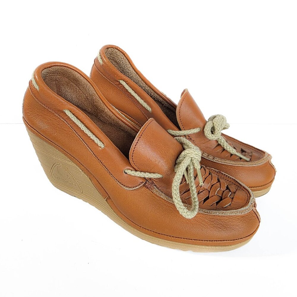 Vintage 70s Cherokee Buckwheat Platform Wedges Caramel Leather‎ Boho Shoes 7.5 N